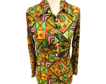 Vintage '70s Ronnie Int. Nylon Stretch Bodysuit Bright Retro Abstract Pattern L