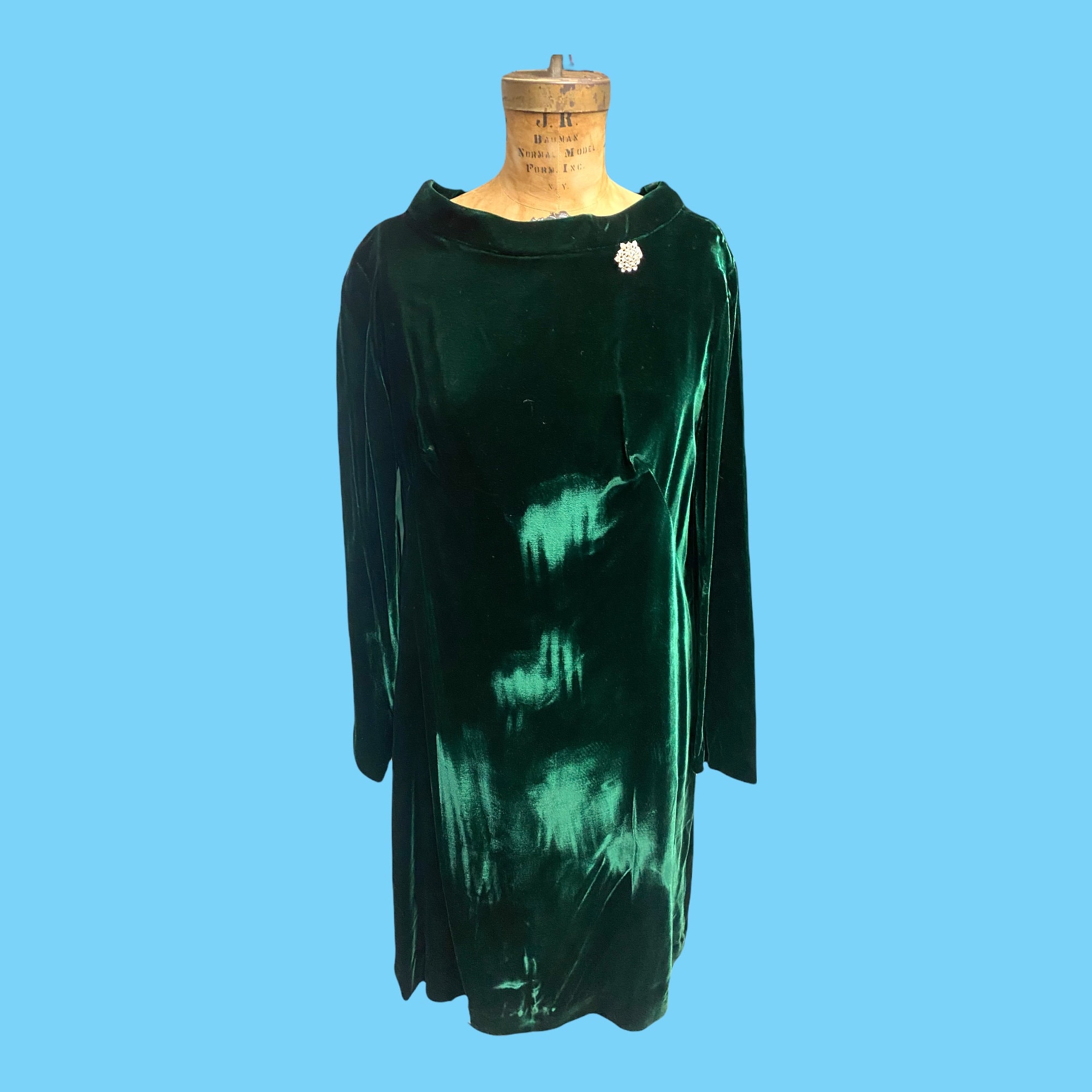 Vintage 1970's Green Velvet Midi Dress W/ Diamante Brooch - Size 16 - Etsy