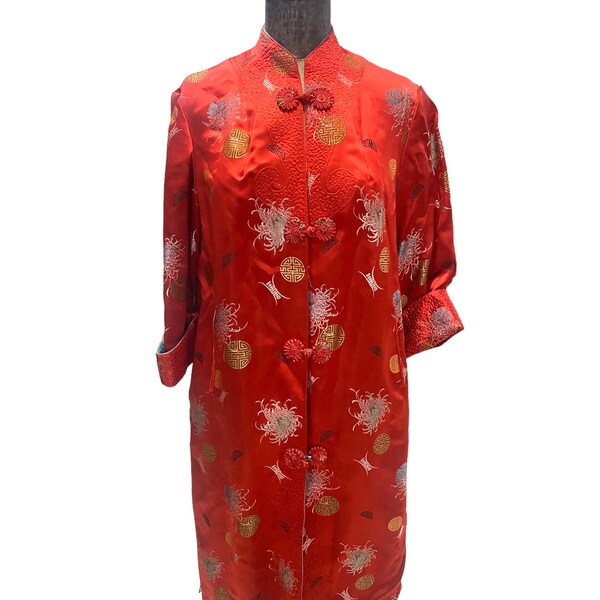 Vintage Red Aqua Blue Chinese Cheongsam Style Robe Reversible Med