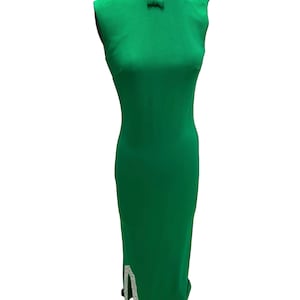 1970s Vintage Green Maxi Evening Dress W/ White Beaded Trim Small