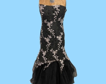 Vintage 1980's Strapless Black Satin W/ Silver Floral Pattern Tulle Netting Mermaid Style Gown