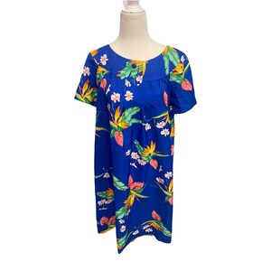 Vintage Hawaiiana Blue Floral Mumu Style Midi Dress Size Small