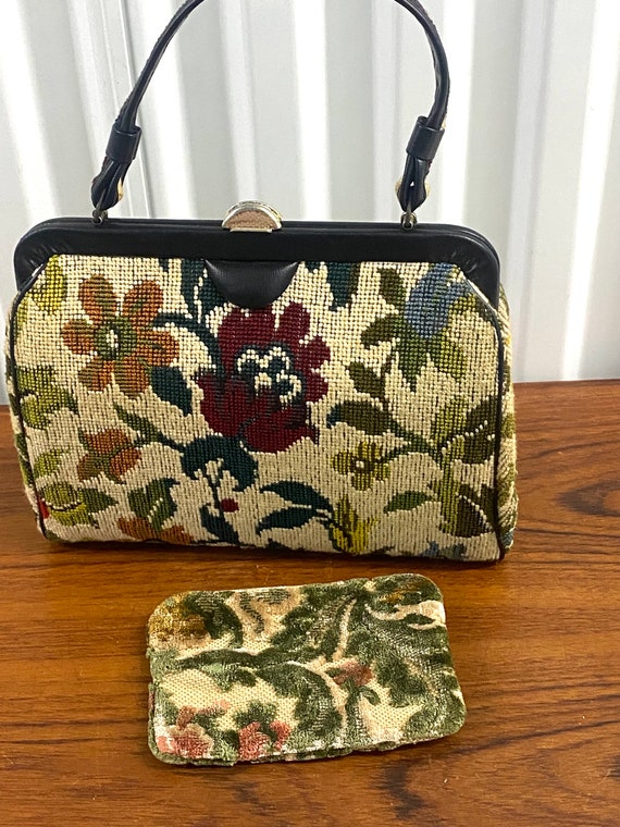 1960s Vintage Kadin Floral Tapestry Handbag & Sma… - image 1