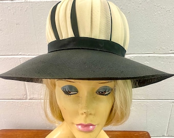 Vintage 1960s Black White Silk Gauze Wide Brim Hat By Chante