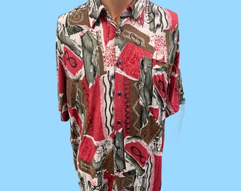 Camisa de verano vintage Oscar De La Renta con estampado brillante para hombre M