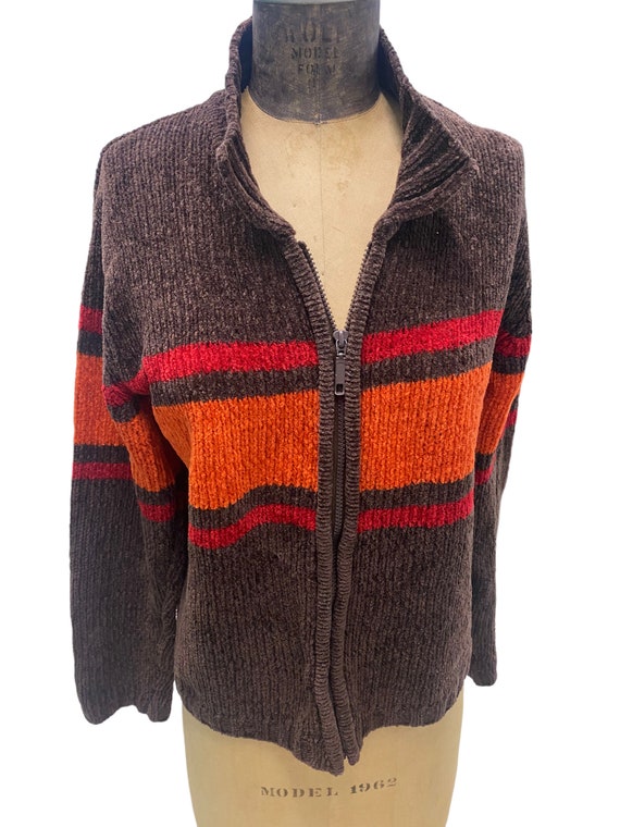 Vintage 1970s Plush Zip Up Brown W/ Red & Orange S