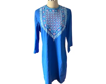 Vintage Vivo 60s Indian Cotton Tunic Dress Blue W/ Hand Embroidered Floral Design M