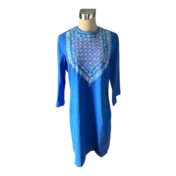 Vintage Vivo 60s Indian Cotton Tunic Dress Blue W/