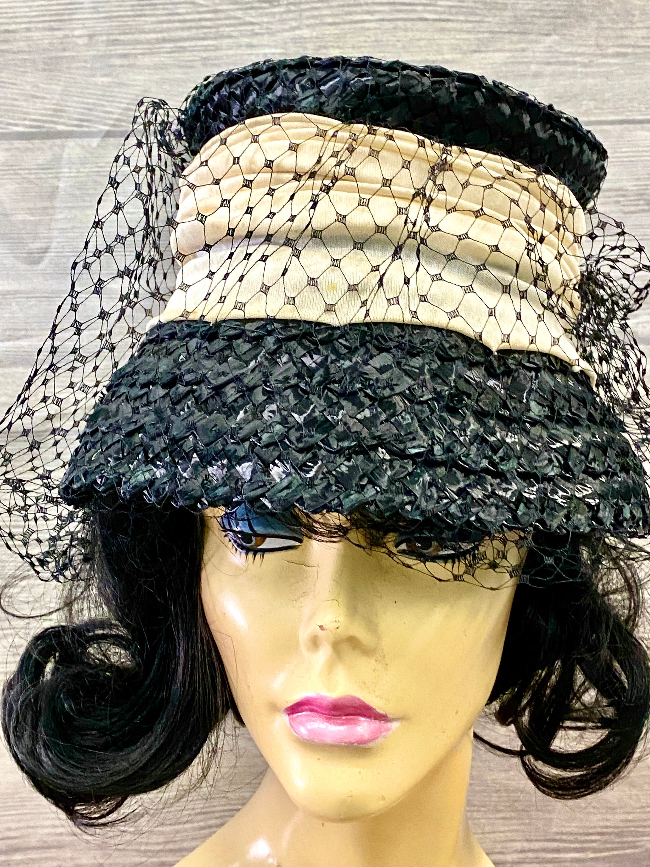 Vtg 1960's Ladies Blue Straw Hat netting & Faux Pearls Etsy