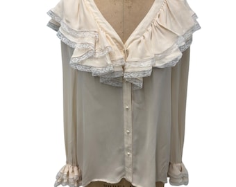 Vintage Cream Julie Francis Frilly Laced Edged Silk Blouse Size 12