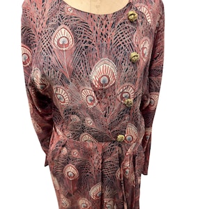 Vintage 1970s Liberty Peacock Feather Pattern Silk Dress Med.