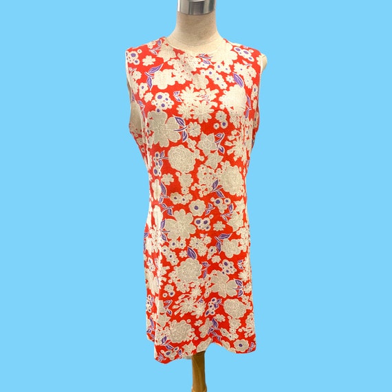 Vintage 1970s Red Floral Linen Summer Dress - Med - image 1