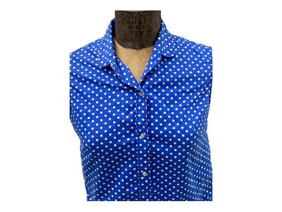 60s Vintage Ladies Sleeveless Blue White Polka Do… - image 2