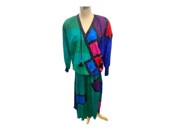 Vintage 1980s Diane Freis Multi Colored Dress Lar… - image 1