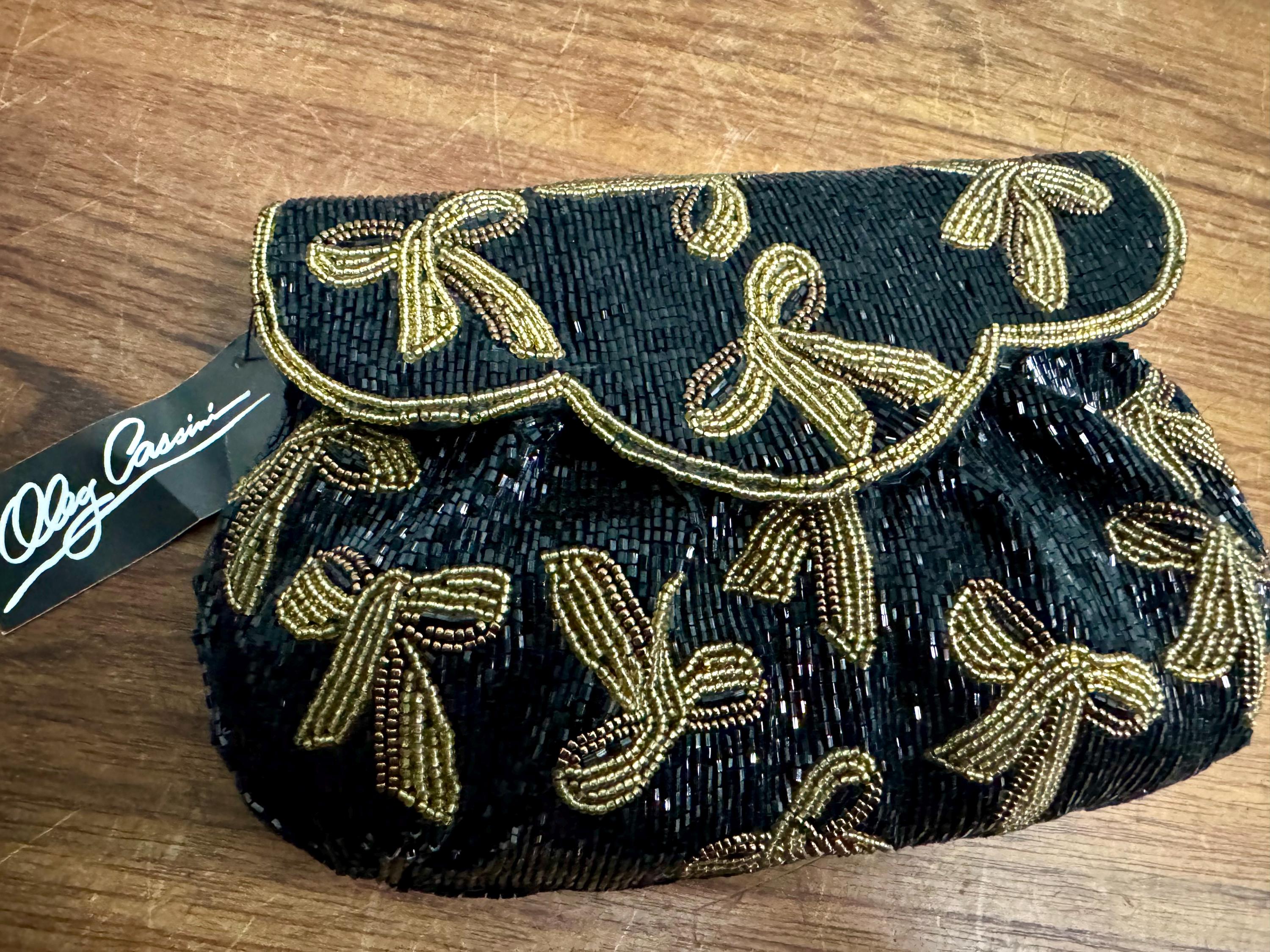 Vintage Oleg Cassini Black Gold Beaded Evening Shoulder Bag New 