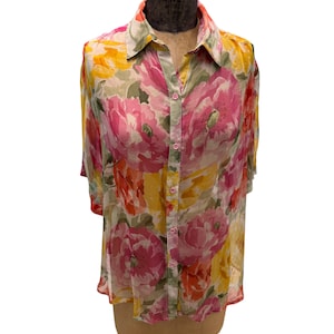 Vintage Phool Sheer Floral Short Sleeve Blouse Med.
