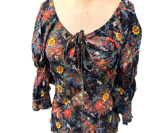 70s Vintage Chemisier Valerie Porr Boho Floral Campesino Top Med