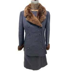 Vintage 1950s Gray Cotton Twill Skirt Suit With Faux Fur