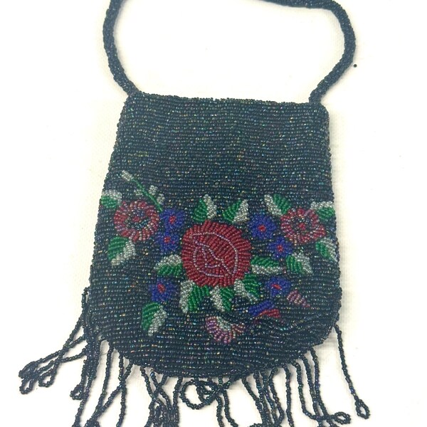 Vinrage 1950s Fringed Floral Pattern Beaded Evening Bag