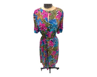 Vintage Brightly Colored Floral Pattern Belted Shift Dress