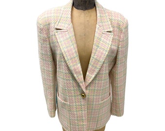 1980s Vintage Evan Picone Pastel Colored Plaid Wool Blazer Med