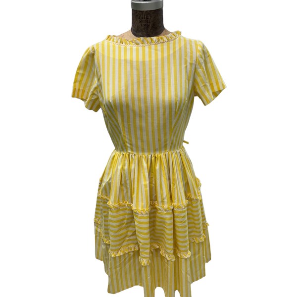 Vintage 1950s Yellow Striped Cotton Dress W/ Layered Skirt Small