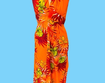Vintage 1970s Hawaii Nei Orange Floral Halter Neck Maxi Dress & Shirt Size 14
