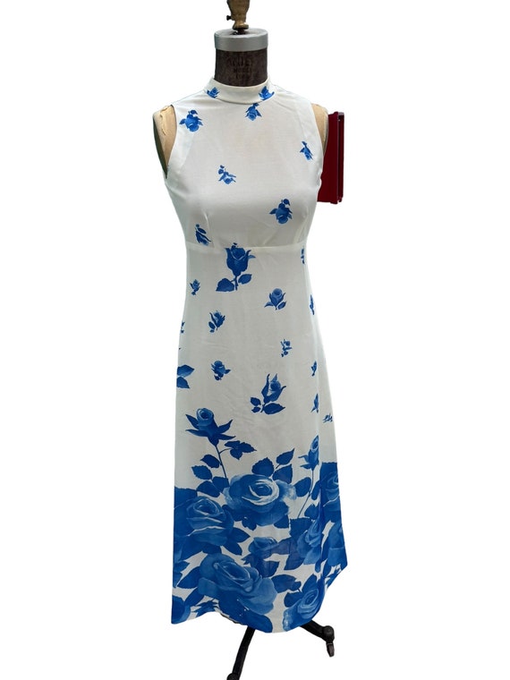 70s Vintage Blue White Floral Maxi Dress Med