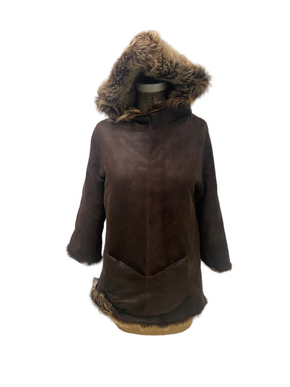 Hooded Brown Suede Leather Fur Lined Jacket Sweatshirt Style Small Med.