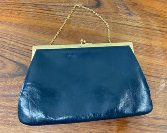 A Vintage Soft Blue Leather Etna Clutch Evening Bag Gold Chain