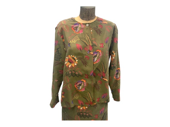 Vintage Rodier Silk Skirt Top Set Green Floral Pa… - image 2