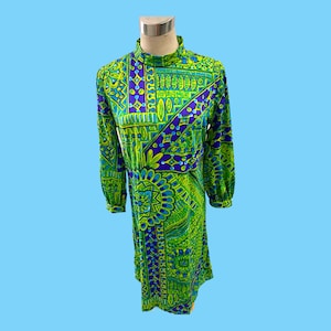 Vintage 60&#39;s Earl Of Pembroke Green Blue Mod Pattern Short Dress - Med