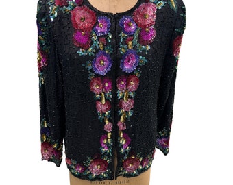 Vintage Lawrence Kazar Sequined Floral Pattern Evening Jacket L