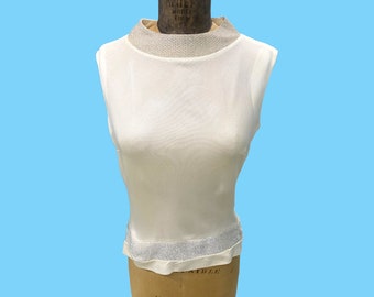 Vintage Alexanders White Sleeveless Evening Top W/ Shiny Silver Trim Size 32