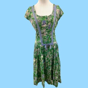 1950&#39;s Green Blue Floral Print Cotton Dress Med - Large