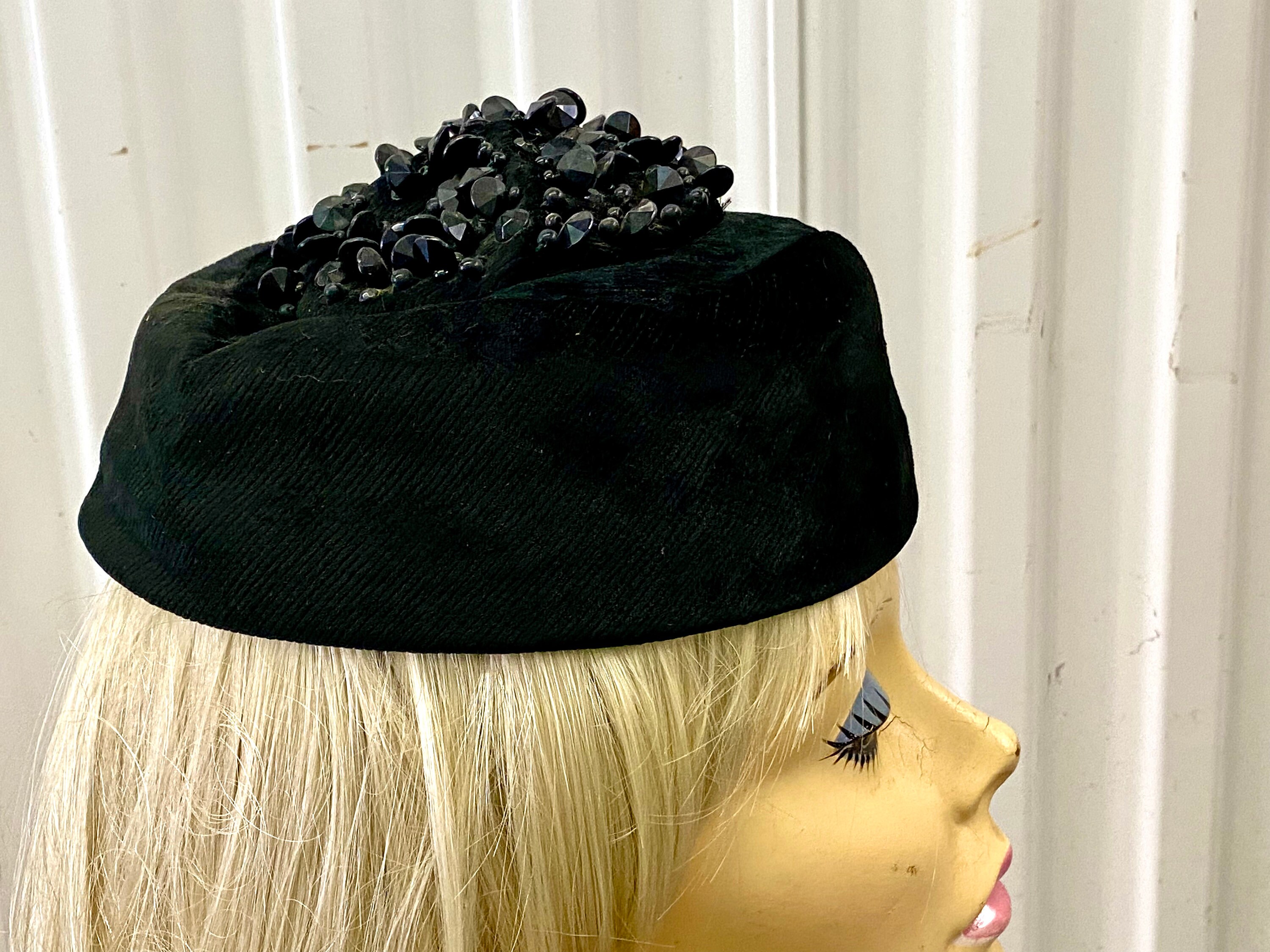 Vintage Mid Century Black Velvet Pillbox Hat W/ Black Jewel 