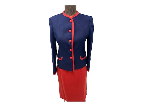 Vintage 70s Blue Red Linen Skirt Suit By Mort Sch… - image 1