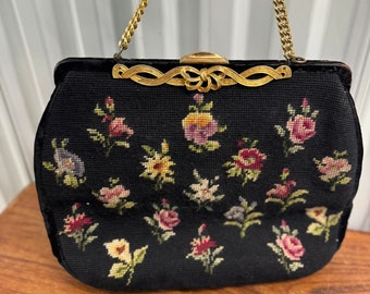 Vintage Black Embroidered Needlepoint Floral Handbag W/ Gold Hardware