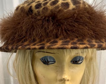Kathy Luker Handmade Millinery Leopard Print Hat W/ Faux Fur
