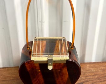 Vintage 1950s Amber Tortoiseshell Design W/ Clear Lid Lucite Box Bag