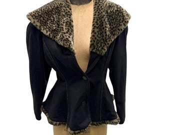 Vintage Plural Madrid Faux Leopard Print Collar Black Cotton Poly Mix Jacket Med