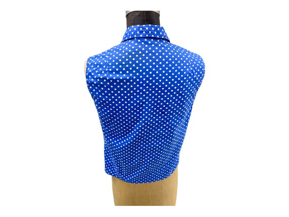 60s Vintage Ladies Sleeveless Blue White Polka Do… - image 6