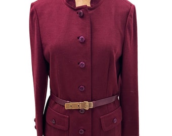 Giacca vintage anni '80 Damselle New York Maroon con cintura in pelle in metallo dorato Med.