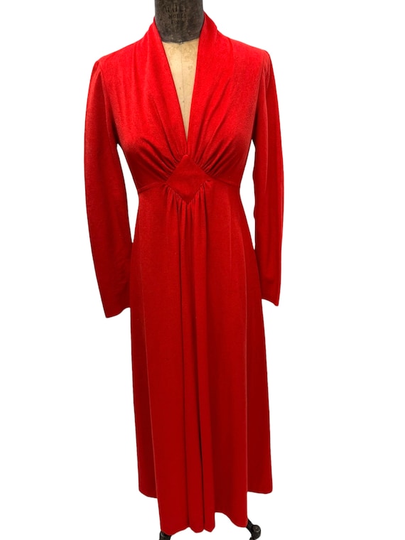 Vintage 1970s  Red Maxi Evening Dress V Neck Empi… - image 1