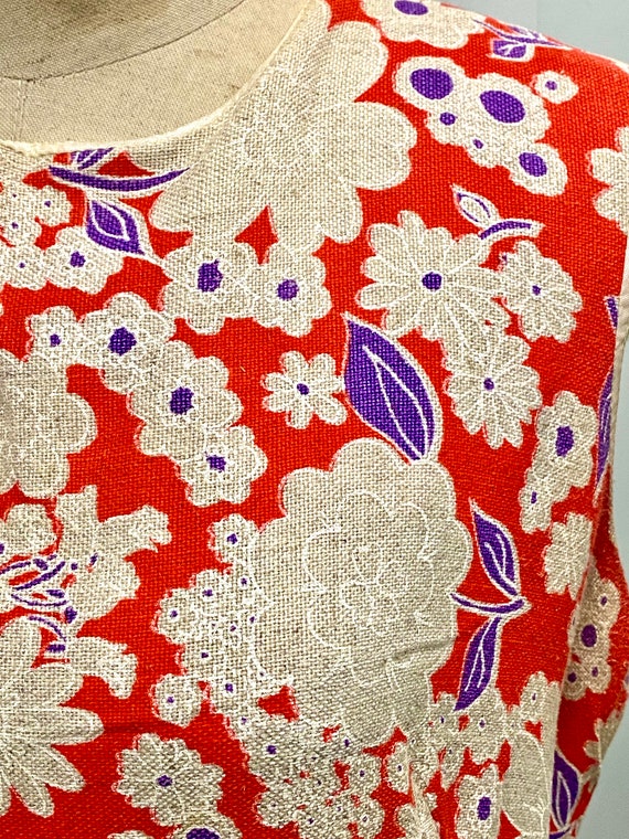 Vintage 1970s Red Floral Linen Summer Dress - Med - image 3