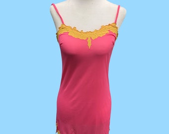 Vintage Saramae Lingerie Camisole Top Pink W/Yellow Floral Trim  Size 32