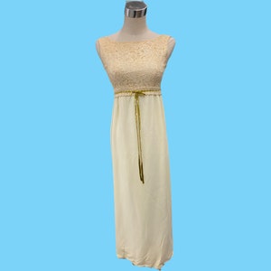 Vintage 1970s Cream Maxi Dress Lace Top Empire Waist Sleeveless image 1
