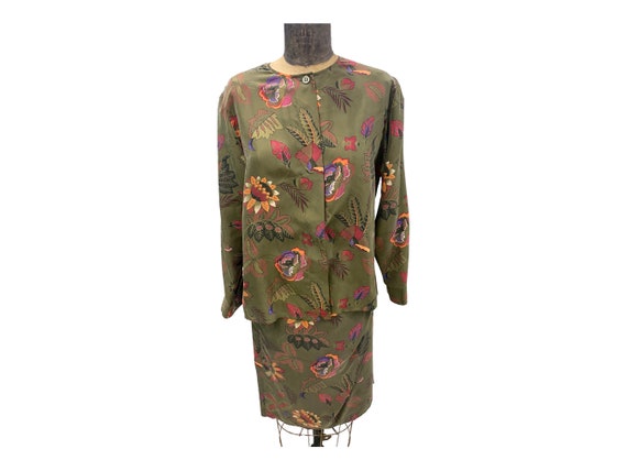 Vintage Rodier Silk Skirt Top Set Green Floral Pa… - image 1