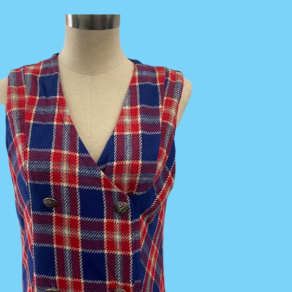 Classic Vintage 1970's Red Blue Plaid Wool Dress … - image 2