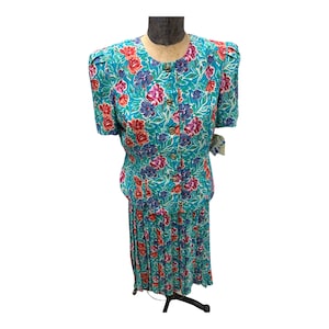 Vintage 1970s Lesely Fay Bright Floral Top & Skirt 10P NWT